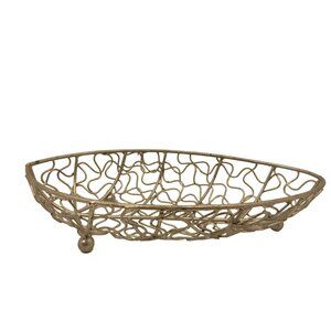 Silver Filigree Basket Leaf Oval Pedestal Metal Wire Football Shape
